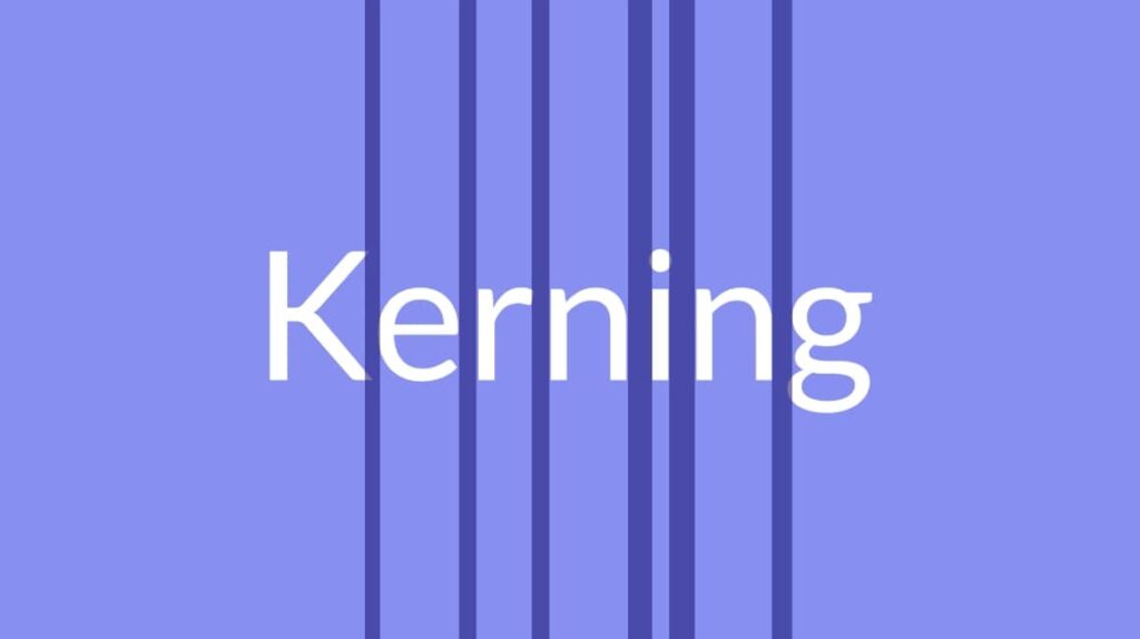 The word ‘kerning’ typed in white text on a purple background. Dark purple vertical lines occupy the spaces between each letter, demonstrating how some letters are closer to their neighbors than others. 