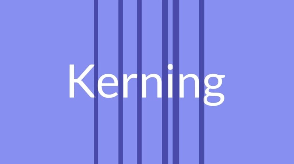 The word ‘kerning’ typed in white text on a purple background. Dark purple vertical lines occupy the spaces between each letter, demonstrating how some letters are closer to their neighbors than others.