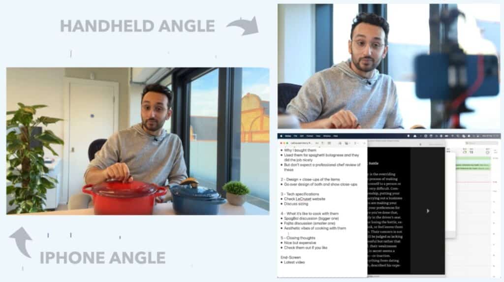 A man sitting in front of a camera lifting the lid of a red Dutch oven. On the left is a screenshot of the scene labeled ‘iPhone angle,’ while on the right a screenshot of the same scene is labeled ‘handheld angle.’