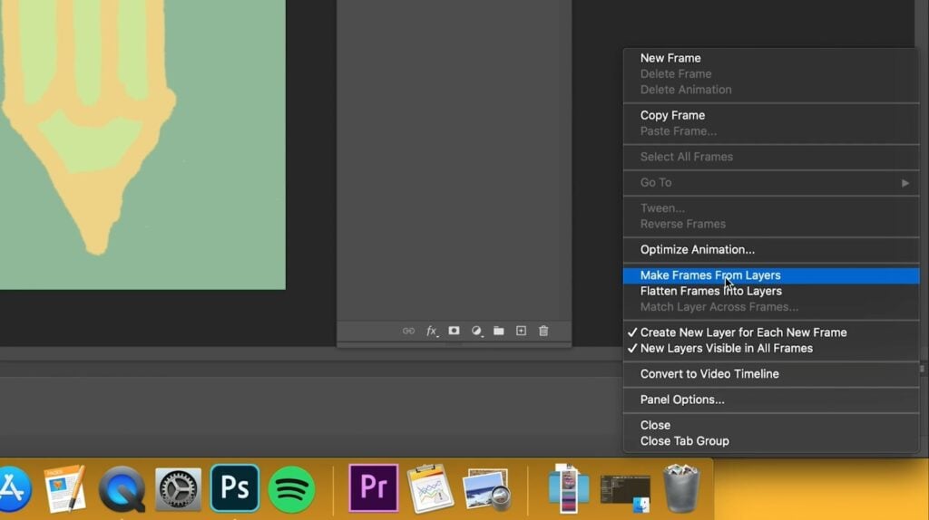 Photoshop is open to a canvas with a hand-drawn pencil on a light green background. A pop-up menu is open to the right of the screen. The mouse is hovering over the “Make Frames from Layers.”