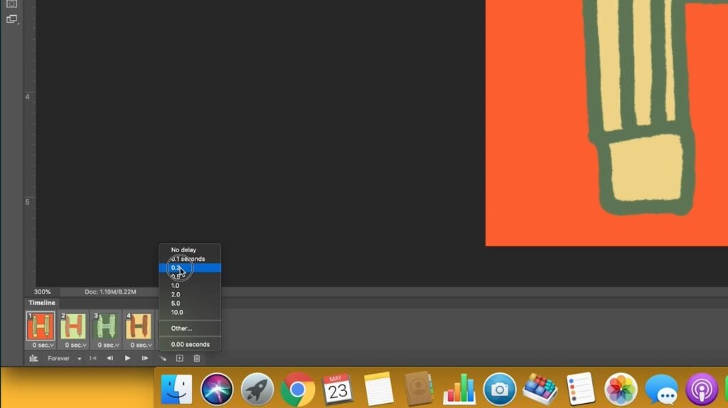 Photoshop is open to a canvas with a red background and the bottom end of a hand-drawn pencil. In the bottom right corner, multiple frames of the letter H are visible. The mouse is covering over 0.3 on a pop-up menu for display duration. 
