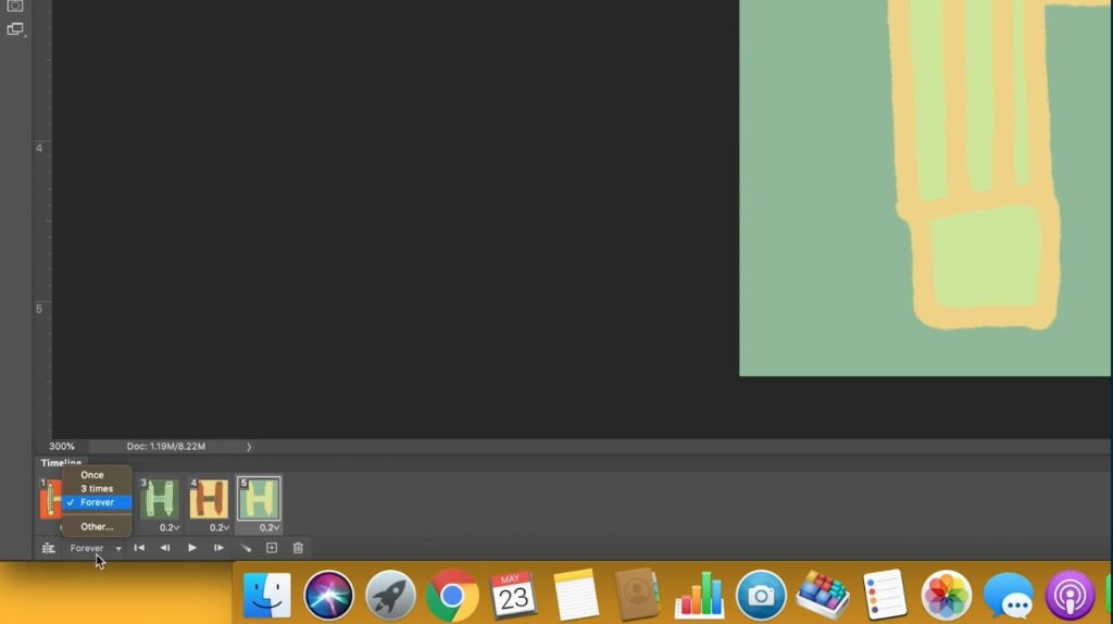 Photoshop is open to the bottom end of a hand-drawn pencil on a light green background. In the bottom left corner, the mouse is hovering over the Loop Count menu. “Forever” is selected and is listed under the options “Once” and “3 times.” 