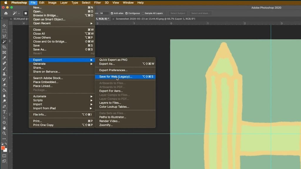 Photoshop is open to a canvas containing a hand-drawn pencil. The File menu is open to the Export menu and the mouse is hovering over “Save for Web.” 