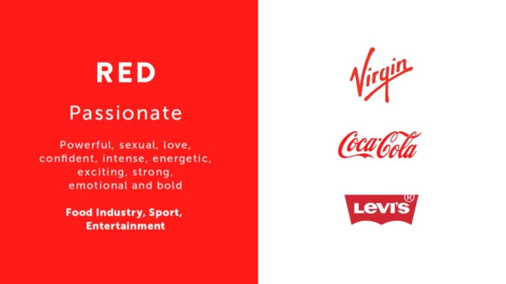 A graphic divided into two halves. The left half is titled ‘red’ and lists characteristics such as passionate, powerful and strong. The right half displays three red-colored brand logos—Virgin, Coca-Cola, and Levi’s. 