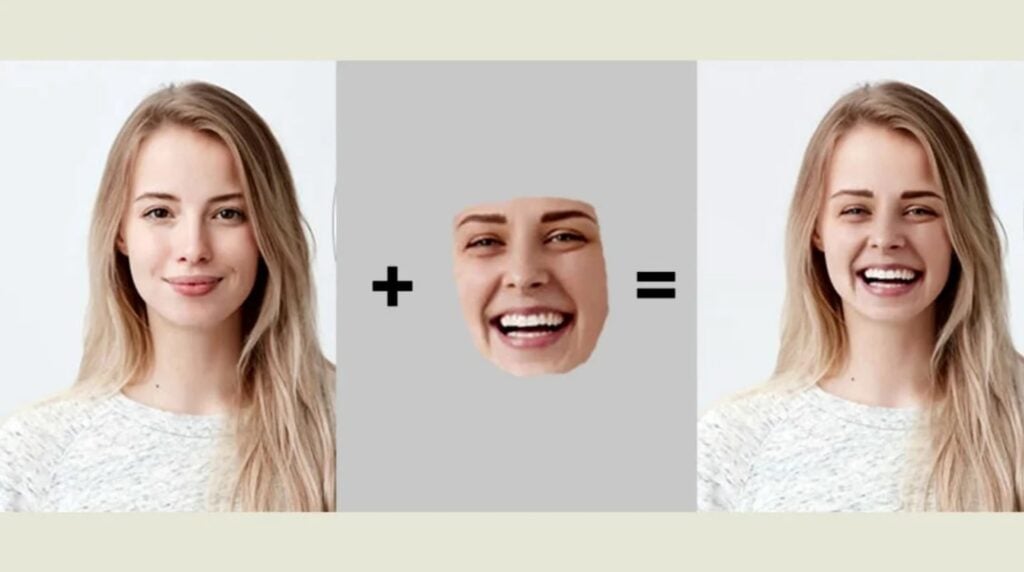 An image divided into three vertical sections. The left section shows a blonde woman smiling at the camera. The center section shows a cutout image of a woman’s laughing face. The third image shows the cutout face placed on top of the blonde woman’s face. 
