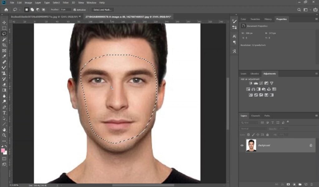 In Photoshop, a user employs the Lasso tool to select the face of another brown-haired man, who is a different person than the one in the previous photo. 