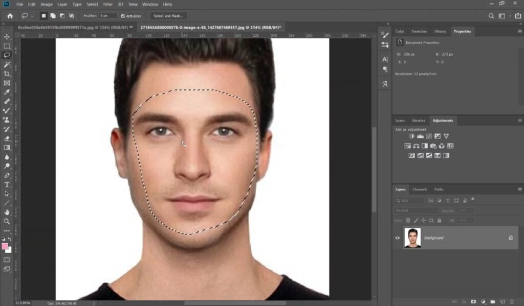 In Photoshop, a user employs the Lasso tool to select the face of another brown-haired man, who is a different person than the one in the previous photo.