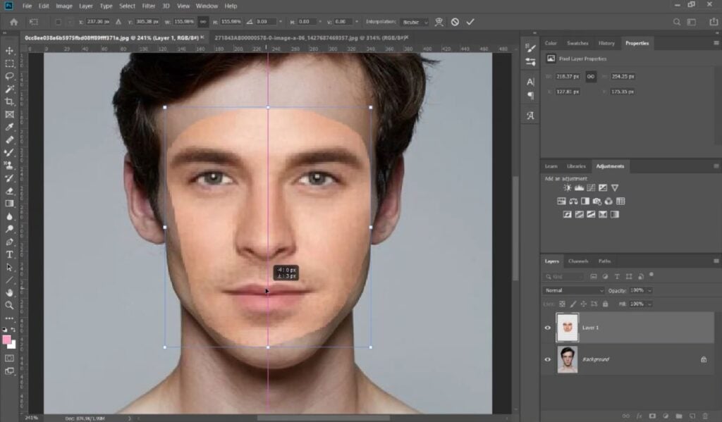 In Photoshop, a user uses their cursor to arrange a cutout of one face on top of another portrait. 