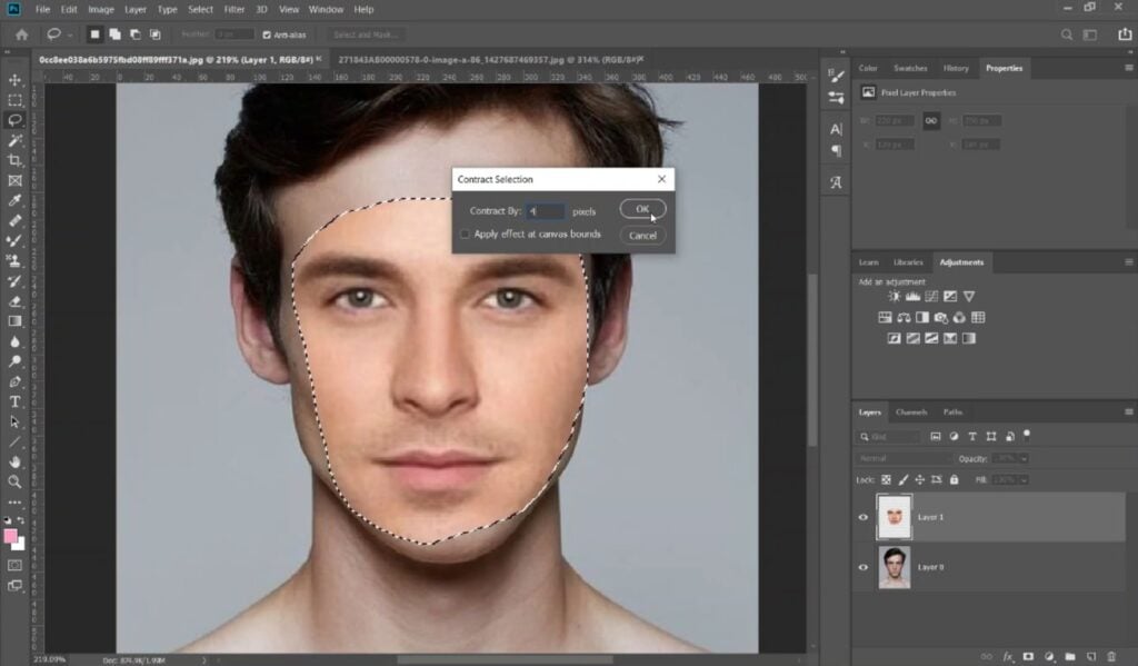 In Photoshop, the central workspace shows a face pasted on top of another portrait. A window titled ‘Contract Selection’ is open, and a user is hovering their cursor over the ‘OK’ button.