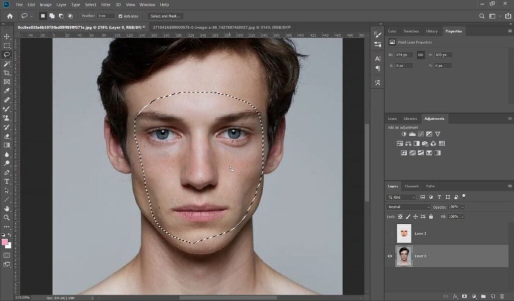 In Photoshop, a user selects an area around the face of a subject. 