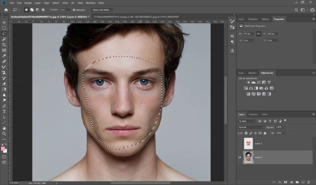 In Photoshop, a user selects an area around the face of a subject.