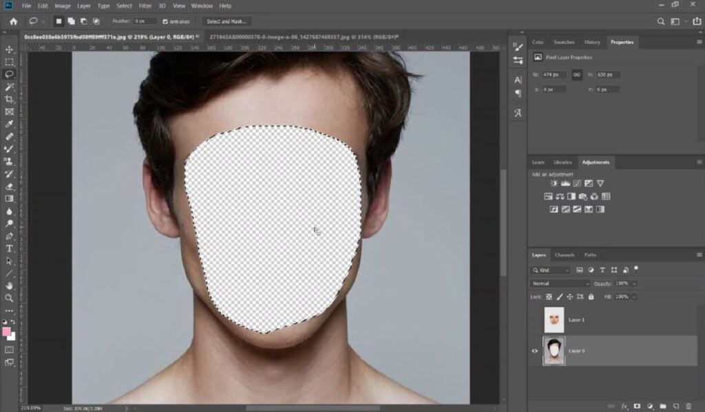 In Photoshop, a user removes the face of a subject, leaving a blank space in its place.