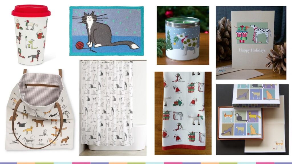 Eight images are visible on a white background. Each image shows the way the artist has transformed her digital art into products including a mug, a rug, a candle, a holiday card, a tote bag, a shower curtain, a kitchen towel, and greeting cards. Each product features some sort of cat or dog drawing.