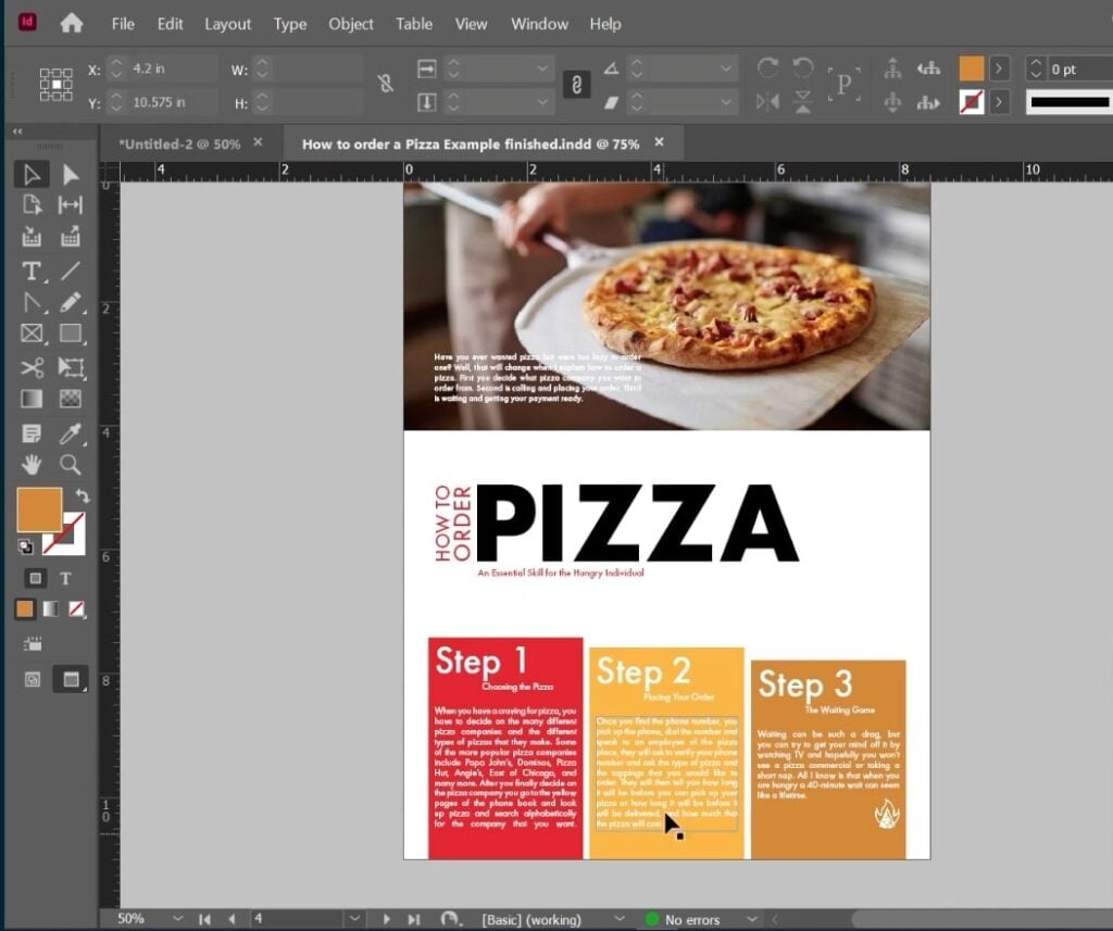InDesign is open to a design that explains how to order pizza. A large image of a pizza sits at the top, the title, “How to Order Pizza,” in the middle, and the three main steps visible inside the boxes.