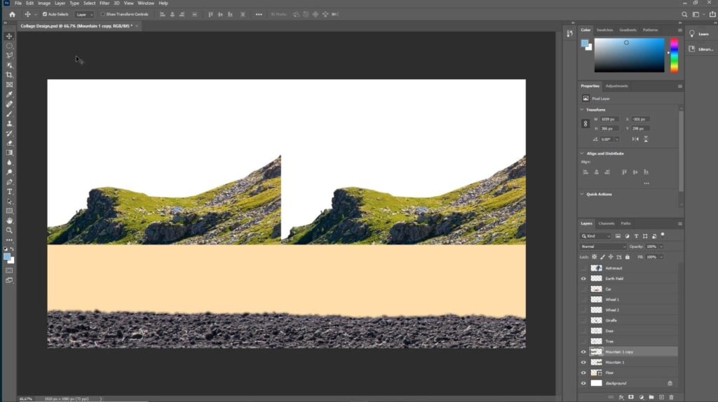 Photoshop is open to a canvas containing a bottom layer of black dirt, a strip of orange-yellow color and two grass-covered hills. The hills are identical and facing the same direction.