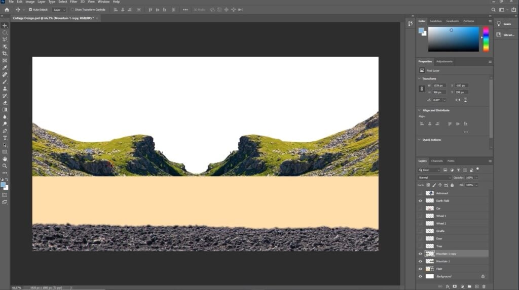 Photoshop is open to a canvas containing a bottom layer of black dirt, a strip of orange-yellow color and two grass-covered hills. The hills are mirroring each other