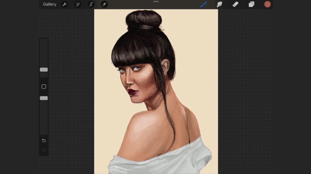 The Procreate app is open to a digital drawing of a woman looking back over her shoulder. She has long brown hair tied up in a bun and dark makeup and lips. The artist made the portrait with a sketchy but striking style.