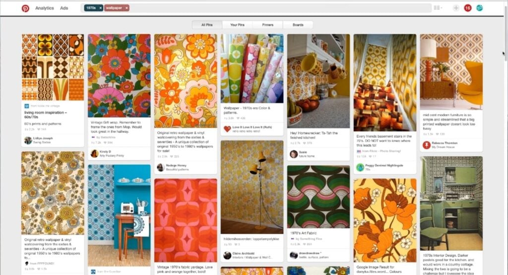 A screenshot of the website Pinterest. The term ‘1970s wallpaper’ has been entered in the search bar, and the results page shows several images of retro 70s-style walls, mostly in shades of orange, green, brown and blue. 