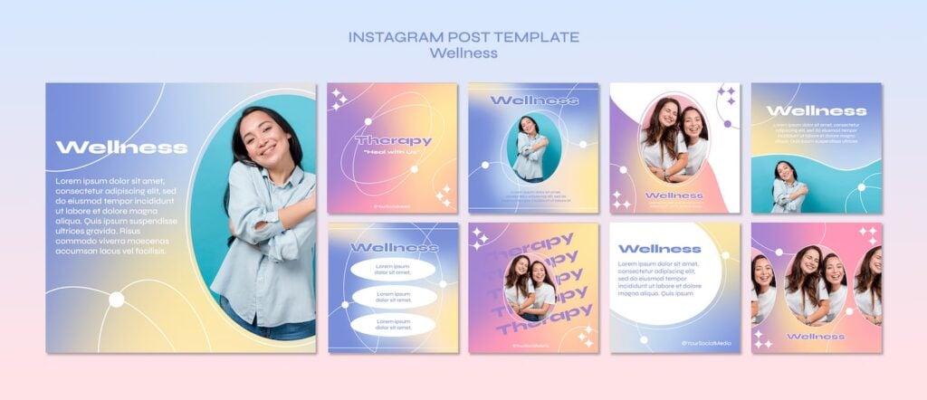 A set of nine Instagram posts about therapy and wellness, each featuring photos of people and colorful gradients in the background.