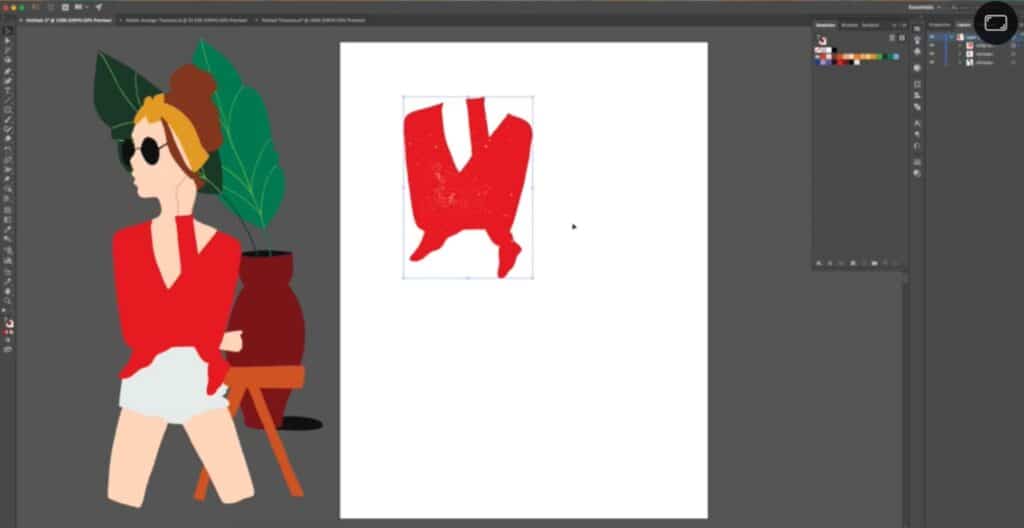 The graphic design software Adobe Illustrator open on a computer. The center workspace area is occupied by an illustration of a woman in a red top and white shorts. The user has copied the red shirt from the illustration and moved it onto the white canvas in the center of the screen, where they’re adding a white-speckled texture to it. 