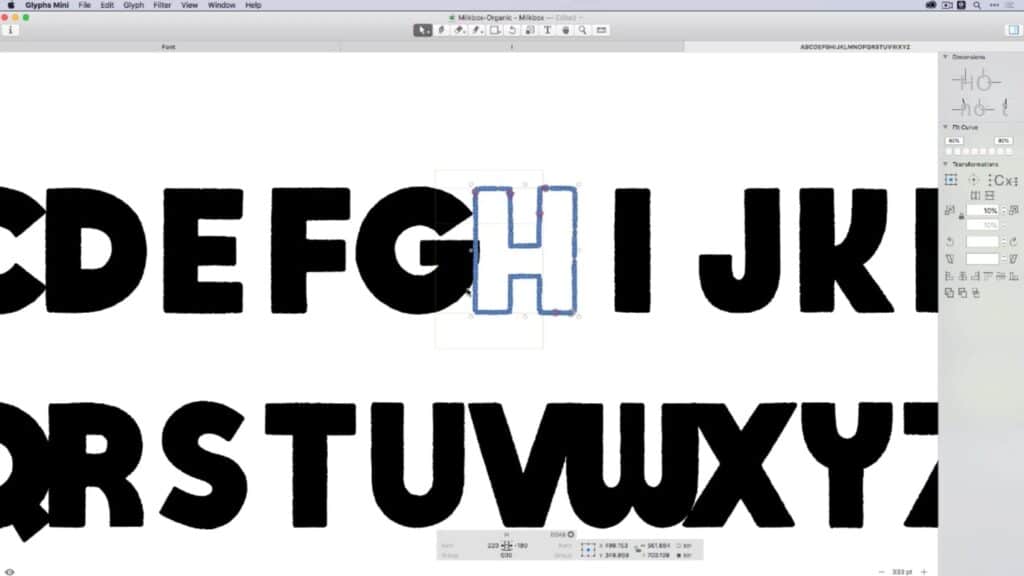 The font editing software Glyphs Mini open on a computer screen. Capital letters of the alphabet are arranged on the screen, and the user is editing the letter ‘H.’