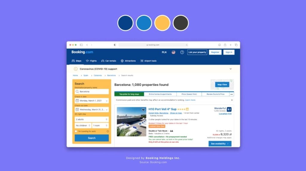 A screenshot of Booking.com is visible in the center of the screen on a purple background. Four circles sit above the screenshot each with one of Booking.com’s four main color’s inside: dark blue, light blue, yellow and black.