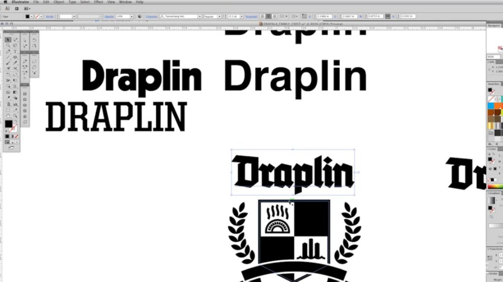 The design software Adobe Illustrator open on a computer. On the workspace are several different logo design ideas which all read ‘Draplin’ but are typed using different fonts.