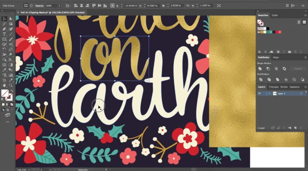 Adobe Illustrator open on a computer. Cursive text surrounded by floral designs is visible in the center of the screen, and the user has edited a portion of the text to look metallic gold instead of flat white. 