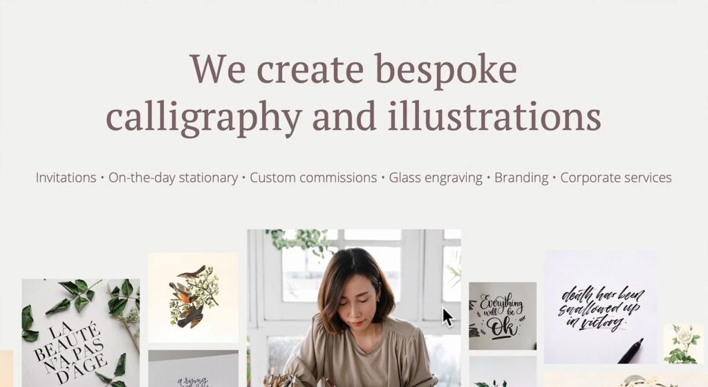 A presentation slide features the heading “We create bespoke calligraphy and illustrations”, a list of services and photos that illustrate examples of past work.