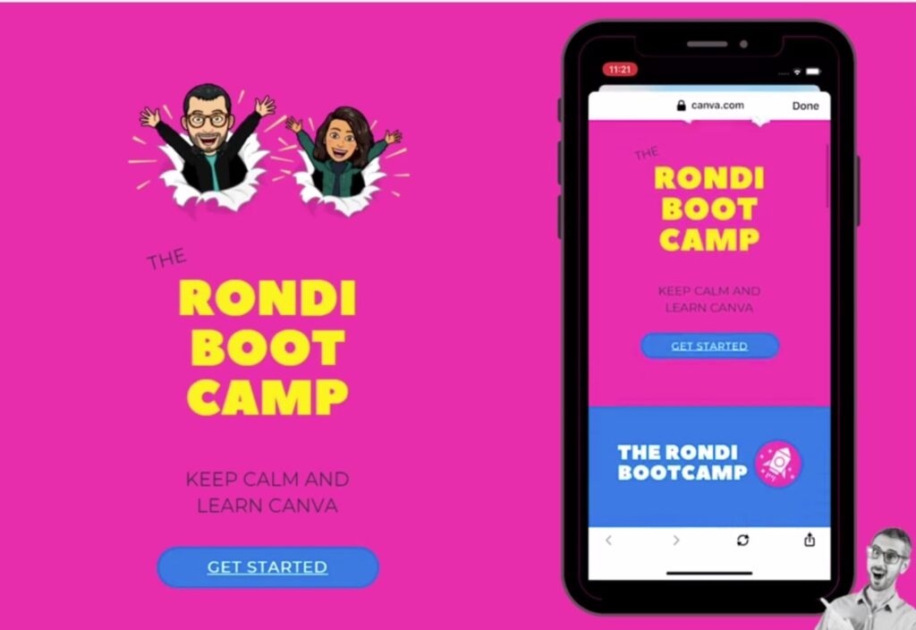 A preview of a single-page website for Rondi Boot Camp that was built in Canva and is being tested on a mobile phone. 