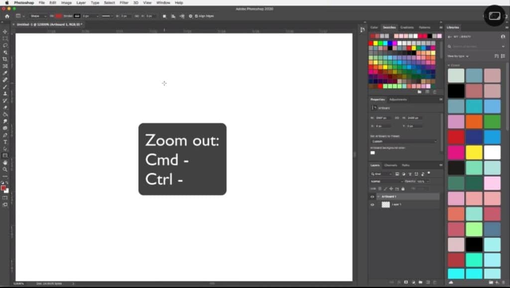 The photo editing software Adobe Photoshop open on a Mac computer. It’s displaying a blank white slate, and the user has superimposed an image that reads ‘zoom out: cmd -, ctrl -’ on top of it. 