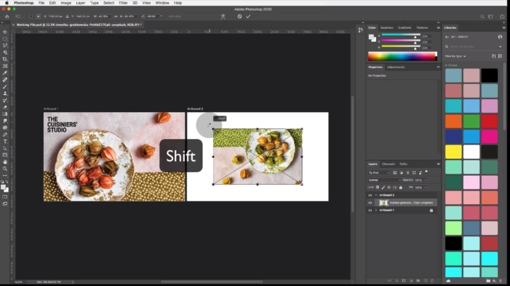 Photoshop open on a Mac computer. The workspace shows a graphic that consists of two photos of plates of food on a table. Over the graphic is a semi-transparent image of the ‘Shift’ key. 