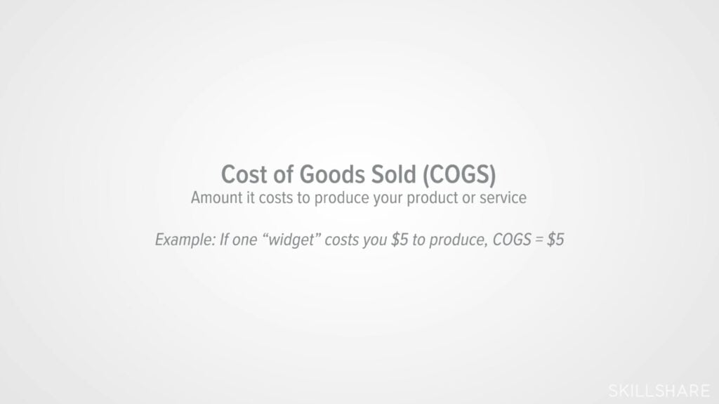 The words “Cost of Goods Sold (COGS)” sit on a gray background. Underneath this is written “Amount it costs to produce your product or service” and “Example: If one “widget” costs you $5 to produce, COGS = $5.”