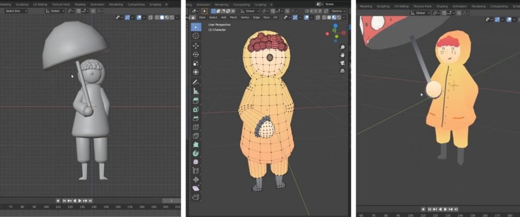 A screenshot showing a plain 3D model on the left, a textured model in the middle and a model with line drawing to add details like a facial expression on the right.