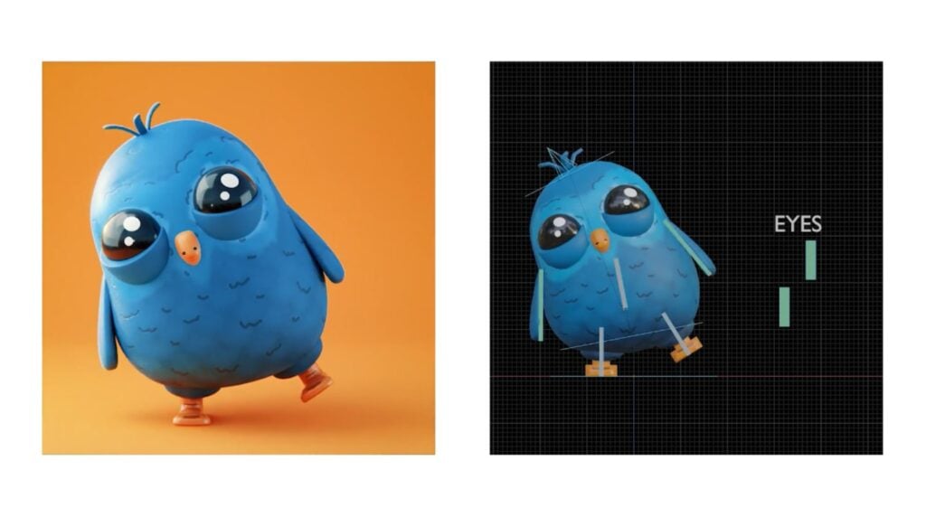 A 3D cartoonish blue owl rendered twice. The one on the left is a finished animation of the owl standing on an orange background. The one on the right is an unfinished animation of the owl in an identical pose, with its rig visible. 