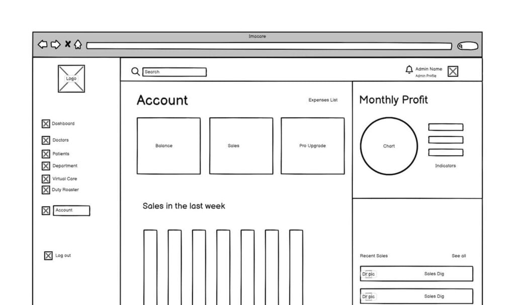 Wireframing for a web page made in Balsamiq.