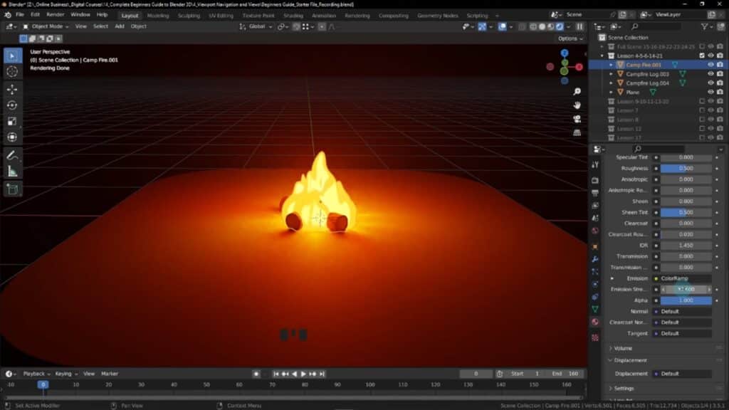 Blender open on a computer. In the viewport, the user has created a campfire consisting of several logs and orange flames. The flames are emitting a warm orange glow. 