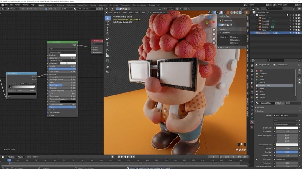 The Blender software showing how the roughness and specular maps add shine and texture to a 3D character.