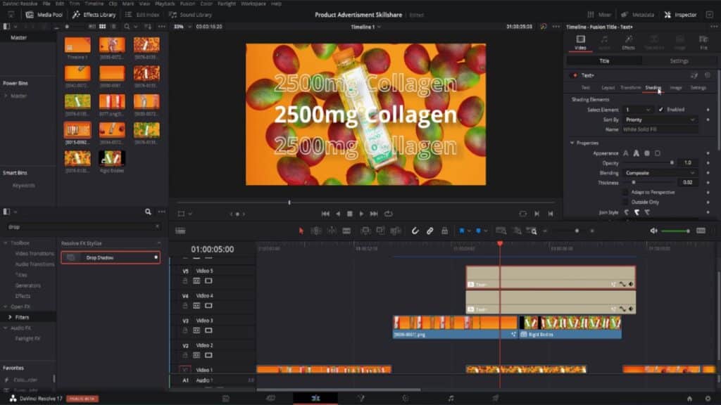 The software DaVinci Resolve open on a computer. The user is overlaying white text on a 3D animation of beverage bottles.
