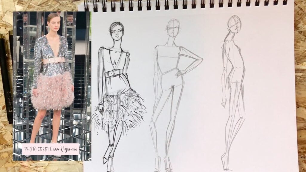 An in-progress fashion sketch of a dress is outlined with a black pen. To the left of it is a reference photo; to the right are two croquis.