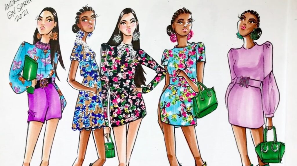 A fashion drawing featuring five models wearing colorful patterned outfits.