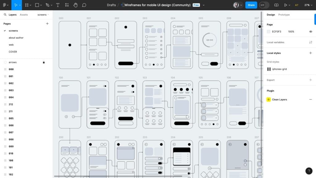 Wireframing for a mobile app open in Figma, featuring 24 interconnected screens.