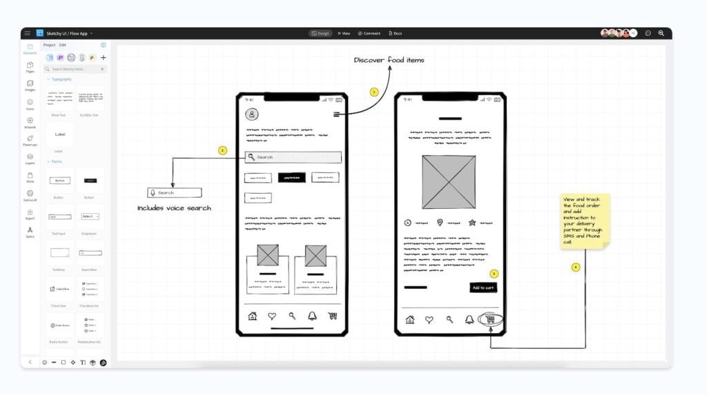 Wireframing for two mobile app screens open in MockFlow.