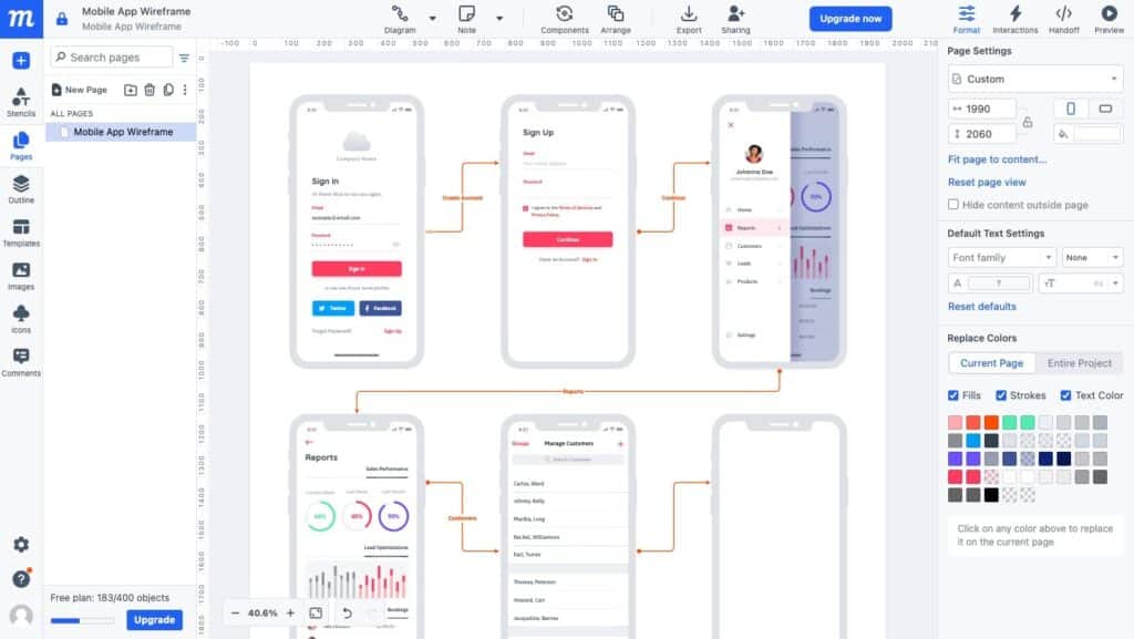 Wireframing for a mobile app open in Moqups, featuring 6 interconnected screens.