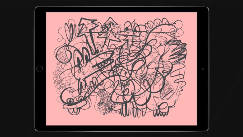 A one-line doodle on an iPad screen. The doodle is in black, and the background is pink.