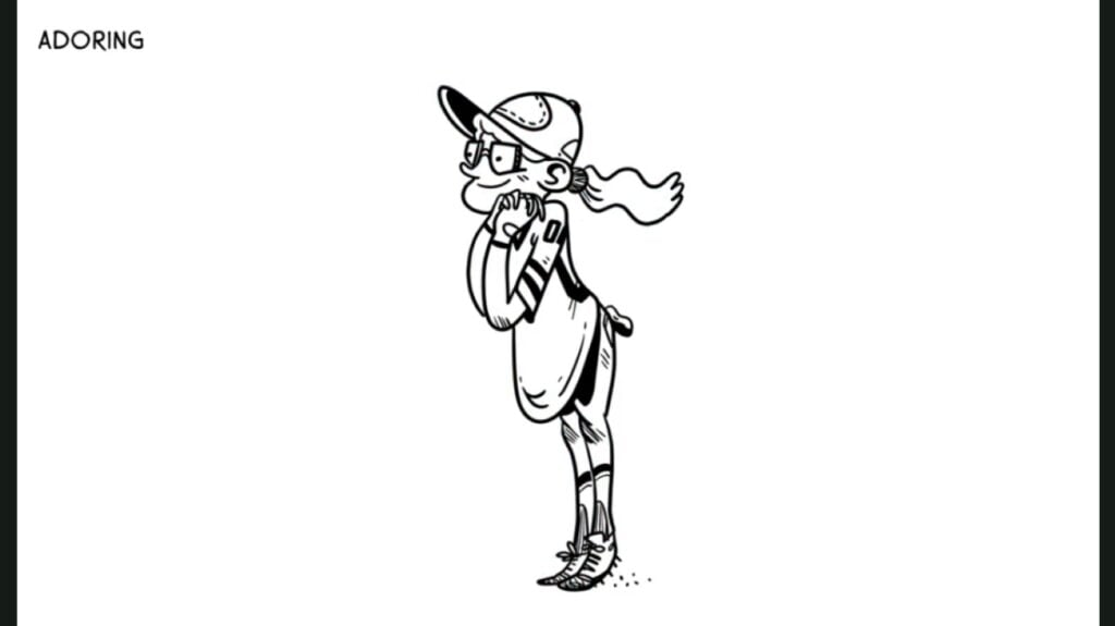 A black and white digital illustration of a female cartoon character clasping her hands together and looking into the distance while smiling.