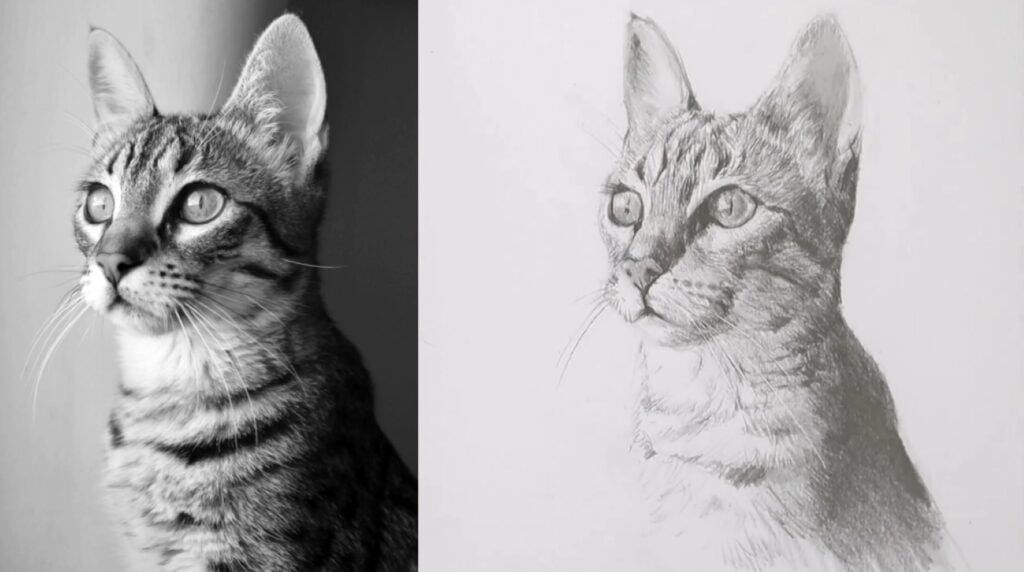 A realistic pencil drawing of a tabby cat. The reference photo used is visible on the left.