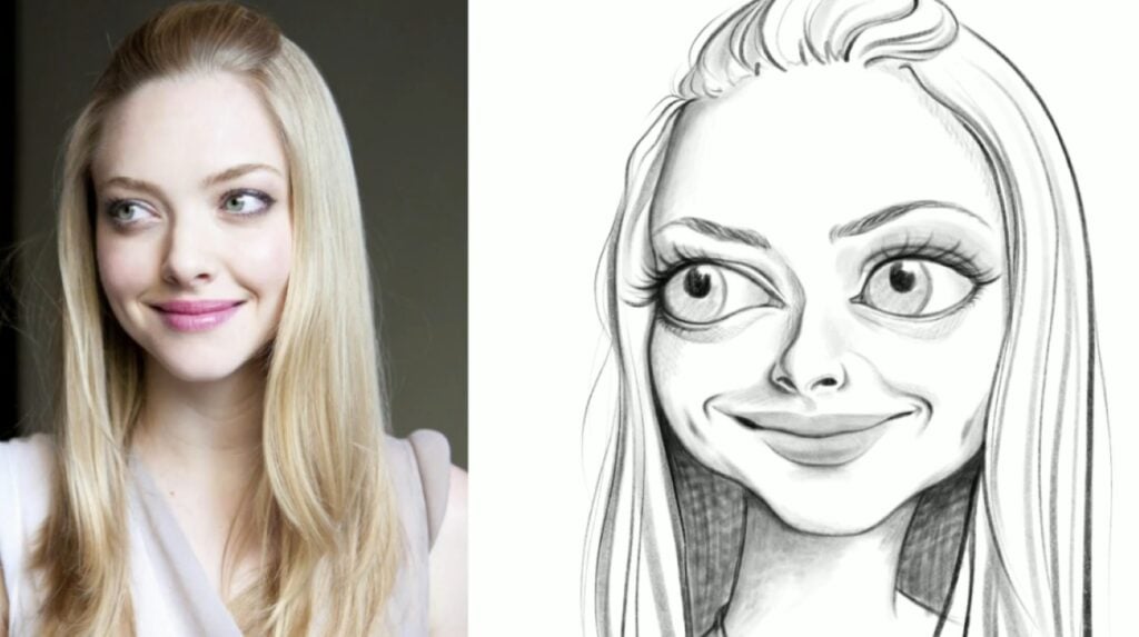 A photo of the actress Amanda Seyfried on the left, and a black and white caricature of her on the right.