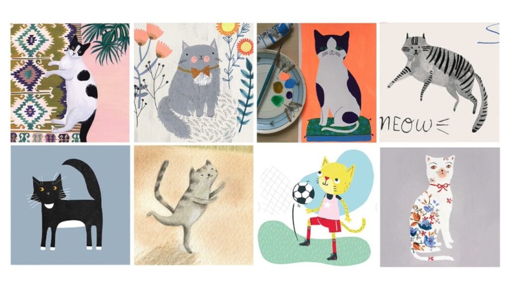 Several separate illustrations of cats, four on the top and four on the bottom. Each one is drawn in a different style.