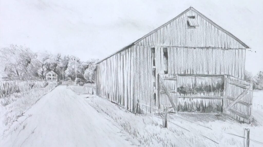 A pencil drawing of a wooden barn next to an empty country road with trees in the background.